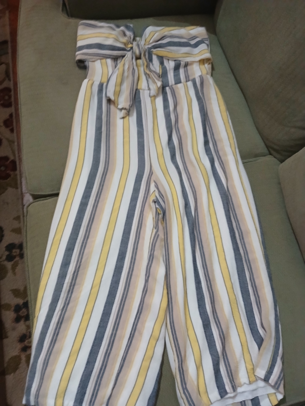 Women's Daytrip Striped Strapless Tie-Front Jumpsuit in Yellow, Blue & White M